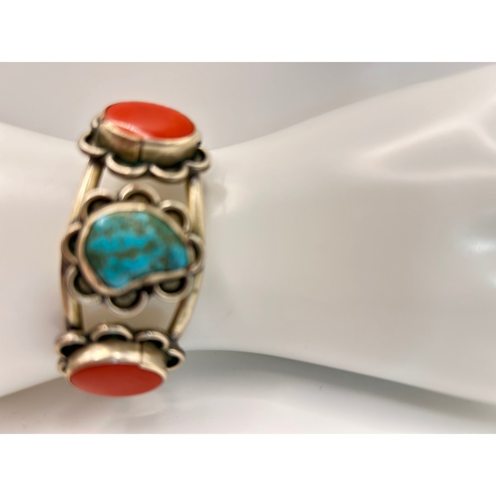 Vintage Mexican 925 Sterling Silver 7" Multicolor Cabochon Bracelet 25.5g